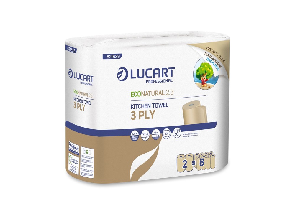 2 Rotoli Asciugatutto 3 Veli 200 Strappi, in Carta Ecologica EcoNatural EX50001534