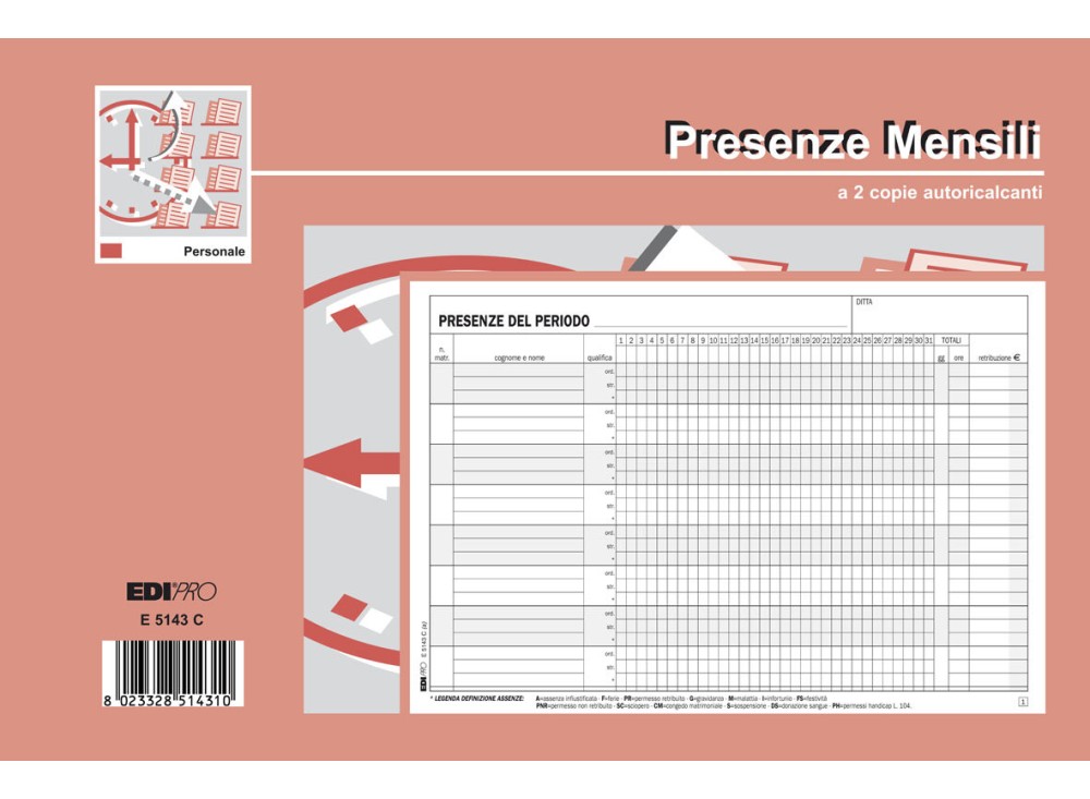 Blocco Fogli Presenze Mensili, 23x15 Cm, 50x2 Copie 0611029