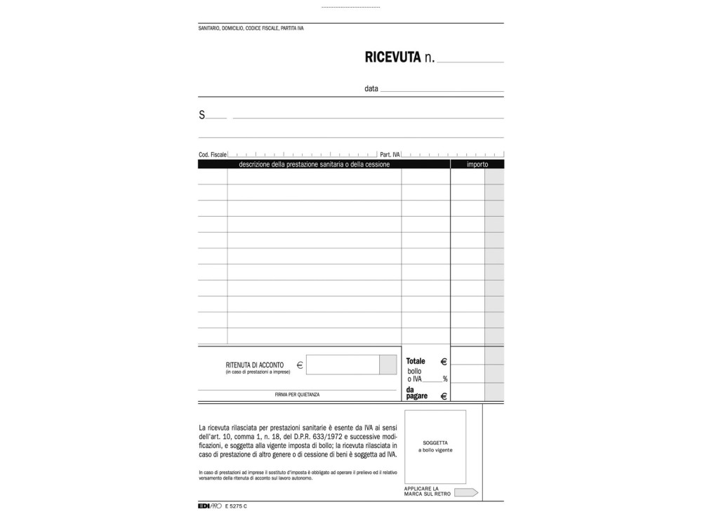 Blocco Ricevute Sanitarie, 15 x 23 Cm, 50 x 2 Copie