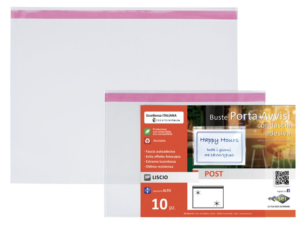 Busta Porta Avvisi, Orizzontale con Fascia Adesiva, Vari Formati