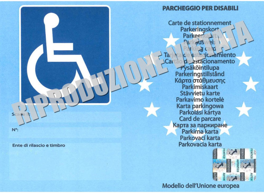 CONTRASSEGNO CIRCOLAZIONE INVALIDI EUROPEO COMPLETO DI POUCHES