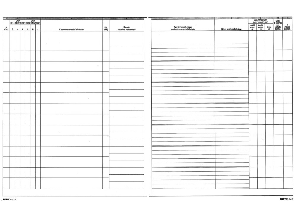 Libro Infortuni, 24,5x31 Cm, 15 Fogli