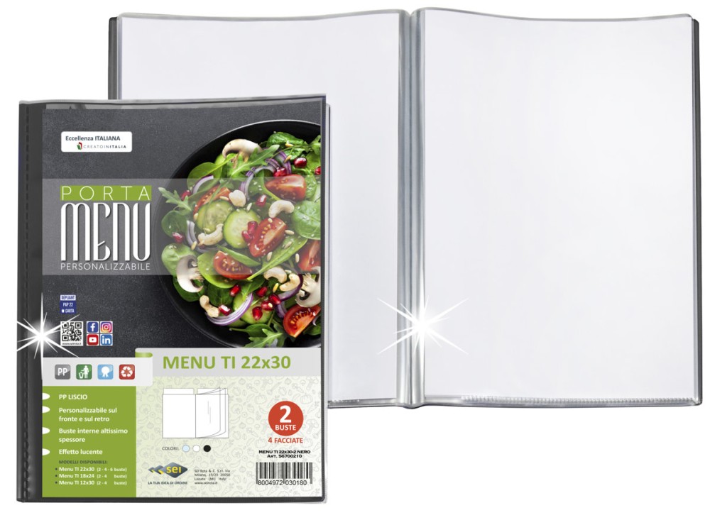 Porta Menu, Personalizzabile, Nero o Trasparente, Diversa Capacità, F.to cm 22x30, in PVC