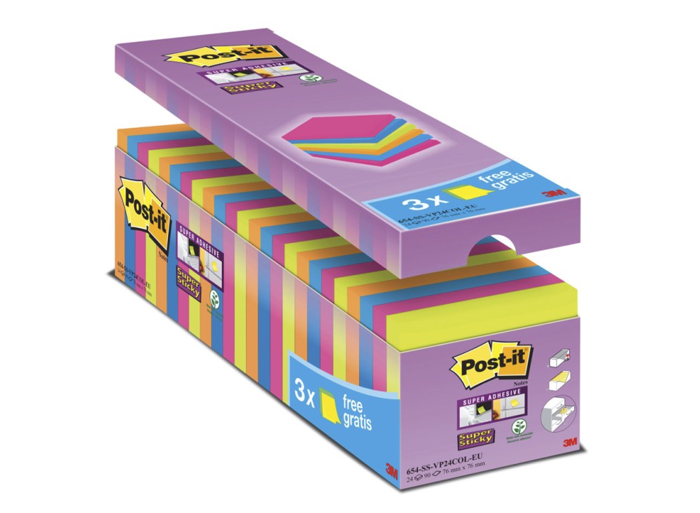 Post-it® Super Sticky Neon Value Pack, Foglietti Riposizionabili, 24 Blocchi, Varie Dimensioni EX10008895