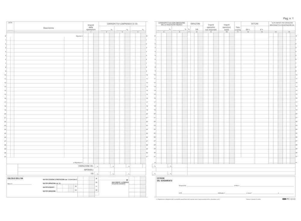 Registro Corrispettivi Iva, Formato 24,5 x 31 Cm, 15 Fogli